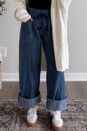 Blue Stripe Contrasted Drawstring Pocketed Loose Jeans - Image 5