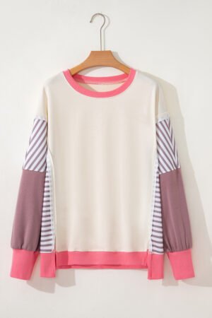 White Color Block Striped Patchwork Dolman Slit Sweatshirt - Image 6