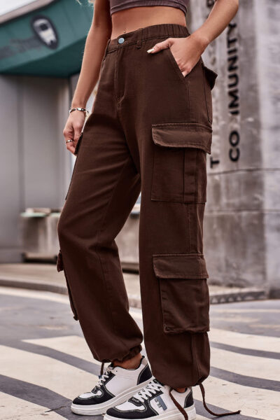 Brown Color Loose Fit Drawstring Hem Denim Cargo Pants