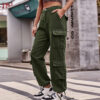 Jungle Green Color Loose Fit Drawstring Hem Denim Cargo Pants