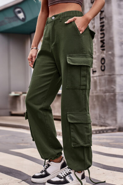 Jungle Green Color Loose Fit Drawstring Hem Denim Cargo Pants