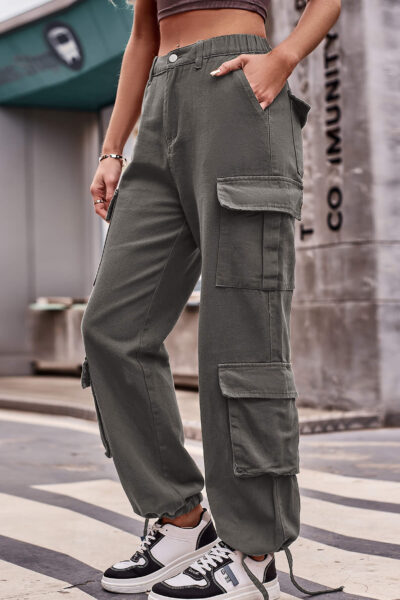 Gray Color Loose Fit Drawstring Hem Denim Cargo Pants