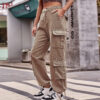 Khaki Color Loose Fit Drawstring Hem Denim Cargo Pants