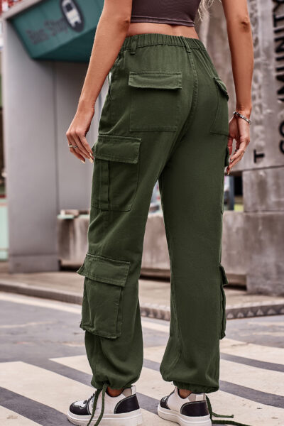 Alternative view of Jungle Green Color Loose Fit Drawstring Hem Denim Cargo Pants