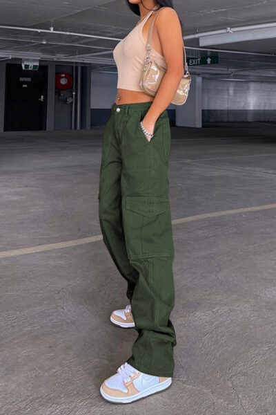Alternative view of Jungle Green Denim Cargo Pants with Elastic Waist Design