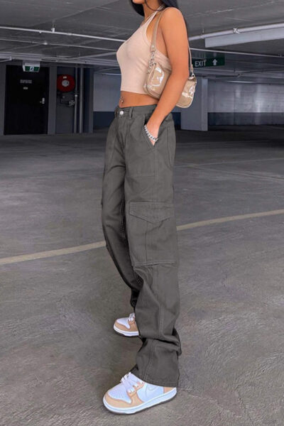 Alternative view of Gray Denim Cargo Pants with Elastic Waist Design
