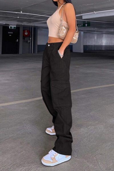 Alternative view of Black Denim Cargo Pants with Elastic Waist Design