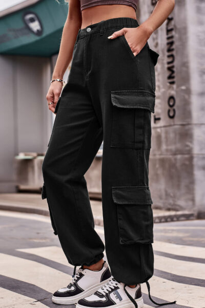 Black Color Loose Fit Drawstring Hem Denim Cargo Pants