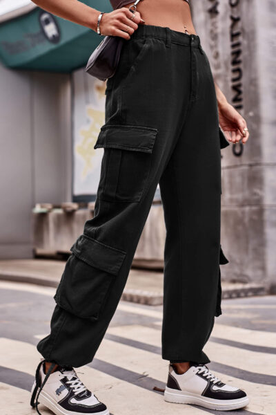 Alternative view of Black Color Loose Fit Drawstring Hem Denim Cargo Pants