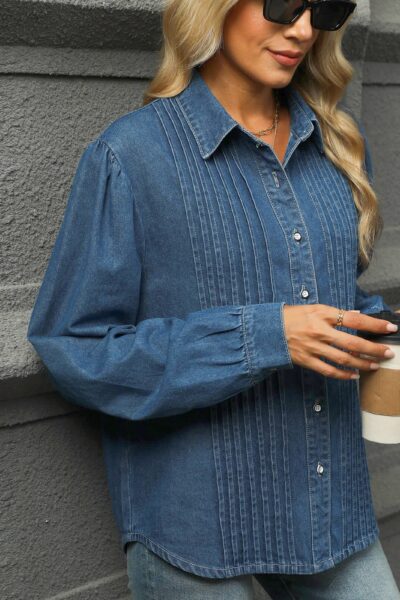 Alternative view of Washed Vertical Stripe Textured Long Sleeve Denim Shirt