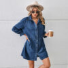 Women’s Washed Dark Blue Loose Patchwork Long Sleeve Denim Midi Dress