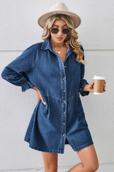 Women’s Washed Dark Blue Loose Patchwork Long Sleeve Denim Midi Dress