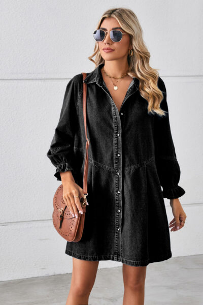 Alternative view of Women’s Washed Black Loose Patchwork Long Sleeve Denim Midi Dress
