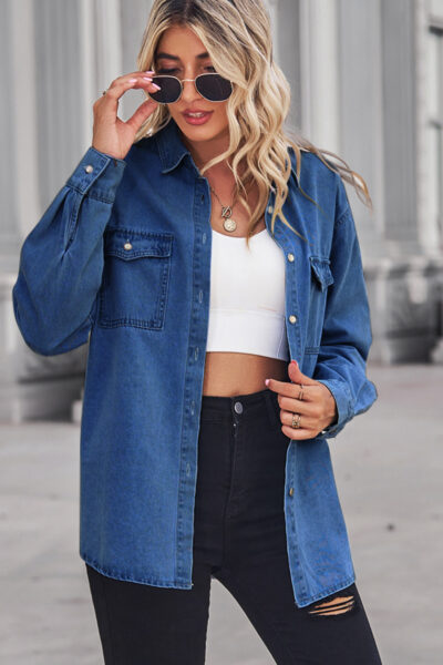 Alternative view of Dark blue slim-fit denim long-sleeved shirt for women