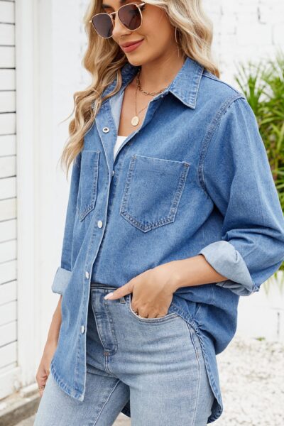 Alternative view of Sky blue washed loose fitting long sleeve denim shacket