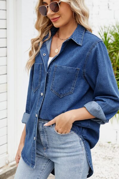 Alternative view of Dark blue washed loose fitting long sleeve denim shacket