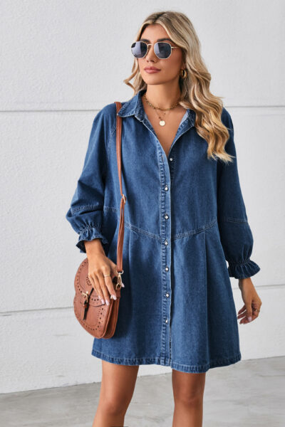Alternative view of Women’s Washed Dark Blue Loose Patchwork Long Sleeve Denim Midi Dress