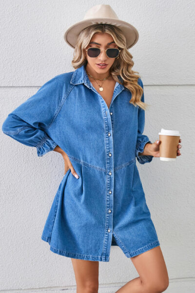 Women’s Washed Blue Loose Patchwork Long Sleeve Denim Midi Dress