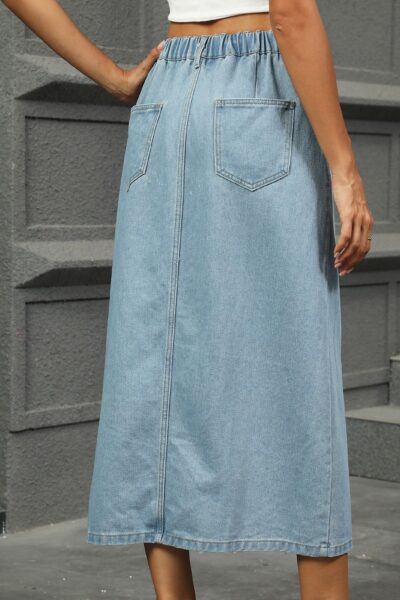 Alternative view of Beau Blue Washed Button Front Slit Denim Midi Skirt