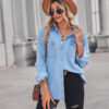 Light blue slim-fit denim long-sleeved shirt for women