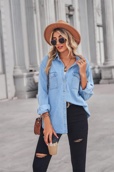 Light blue slim-fit denim long-sleeved shirt for women