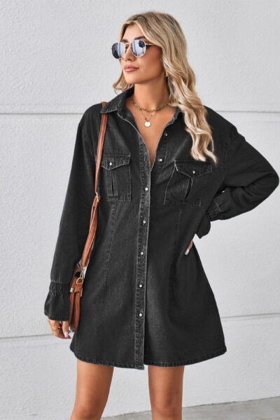 Black Smocked Cuffs Denim Shirt Mini Dress