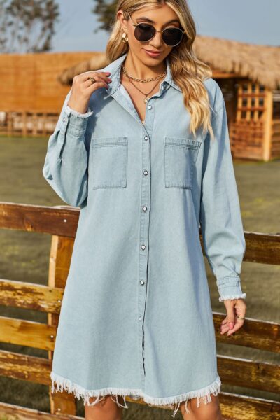 Alternative view of Washed beau blue casual long sleeve loose denim dress with frayed edges