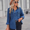Dark blue slim-fit denim long-sleeved shirt for women