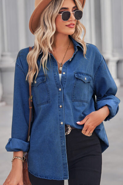 Dark blue slim-fit denim long-sleeved shirt for women