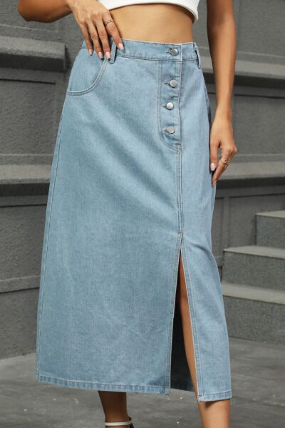 Beau Blue Washed Button Front Slit Denim Midi Skirt