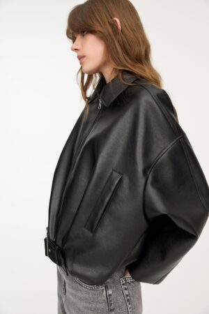 Black Vintage casual leather jacket for woman - Image 2
