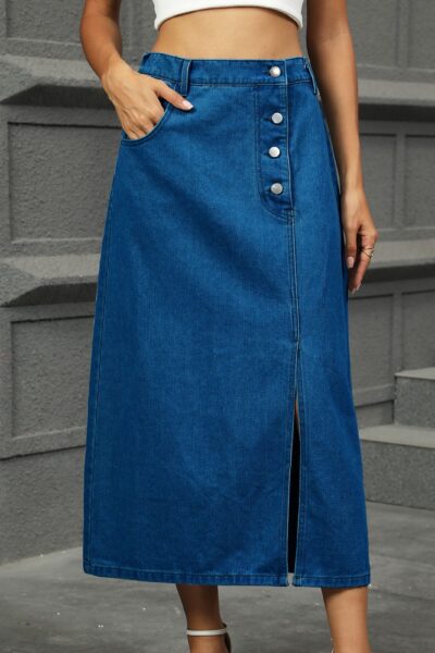 Blue Washed Button Front Slit Denim Midi Skirt