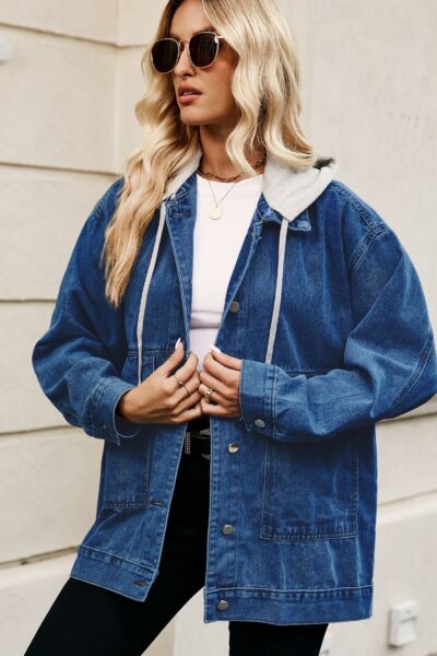 Alternative view of Dark blue vintage loose-fitting denim casual jacket with detachable hood