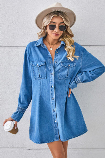 Alternative view of Blue Smocked Cuffs Denim Shirt Mini Dress
