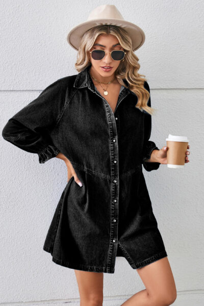 Women’s Washed Black Loose Patchwork Long Sleeve Denim Midi Dress