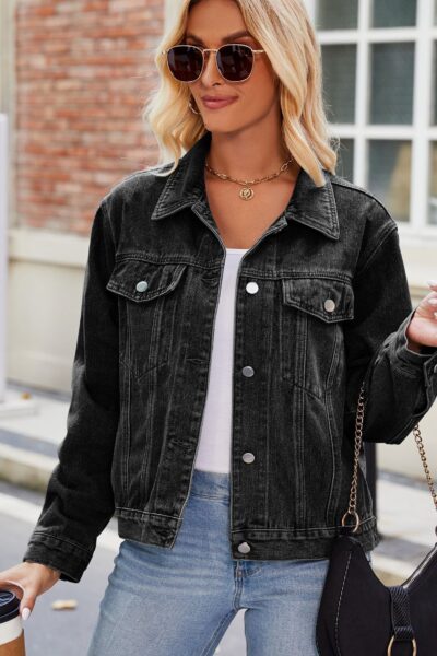 Dark gray short slim-fit washed denim jacket