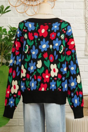 Black Floral Print V Neck Buttoned Short Cardigan Sweater - Image 15