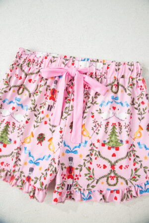 Pink Nutcracker Doll Christmas Print Ribbon Tie Waist Short 2pcs Pajama Set - Image 18