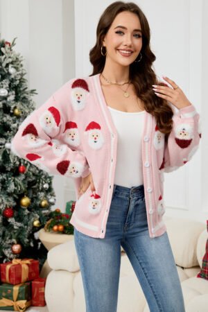 Pink Christmas Santa Claus Pattern Button V Neck Sweater Cardigan - Image 3