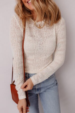 Jet Stream Semi Sheer Lace Long Sleeve Cropped Top - Image 5