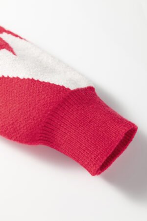 Red Bow Print 2-tone Rhombus Knit Loose Sweater - Image 15