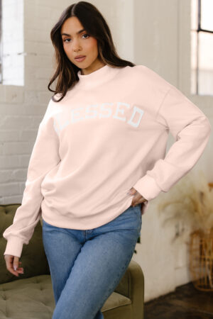 Light Pink Oversize Blessed Embroidered Mock Neck Sweatshirt - Image 10