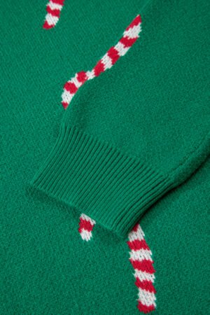 Dark Green Christmas Candy Cane Holiday Drop Shoulder Sweater - Image 12