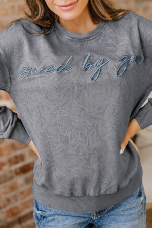 High-rise saved by grace Letter Embroidery Mineral Wash Loose Sweatshirt - Image 11
