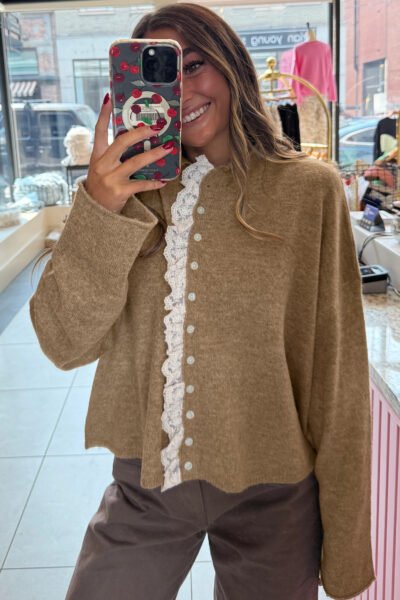 Alternative view of Simply Taupe Contrast Frilled Lace Trim Loose Cardigan Sweater