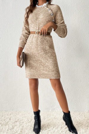 Parchment Button Lace Detail Raglan Sleeve Shift Mini Sweater Dress - Image 6