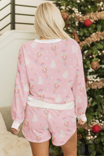 Alternative view of Pink Christmas Tree Nutcracker Doll Print Contrast Trim Long Sleeve Top Matching Shorts Set