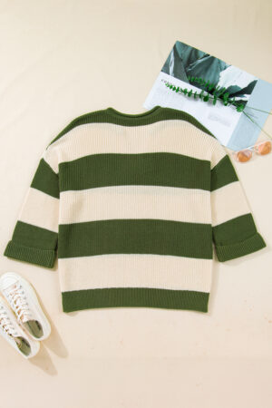 Green Stripe Colorblock Notched Neck Plus Size Sweater - Image 3