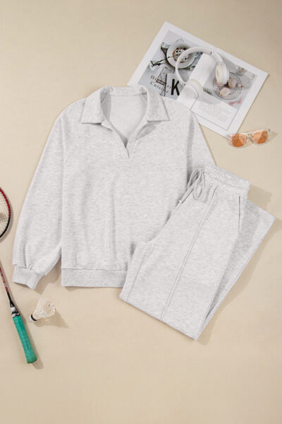Light Grey Polo Collar V Neck Pullover and Drawstring Sweatpants Set