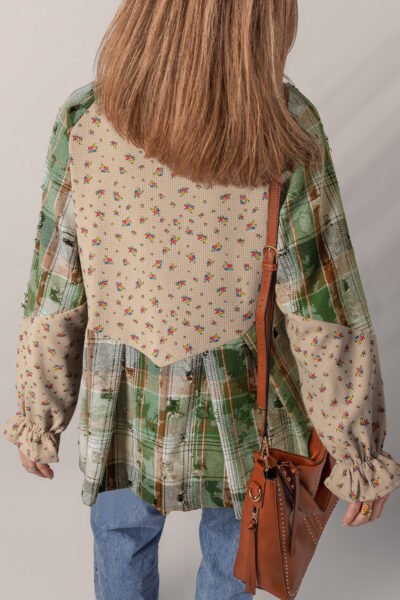 Alternative view of Mist Green Boho Floral Plaid Patchwork Distressed Detail Ruffled Sleeve Waffle Knit Shacket
